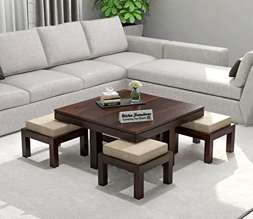 Solid Wood Coffee Table with 4 Stool for Living Room, Sheesham Wooden Center Coffee Table with Stool for Home, Office in Walnut Finish
