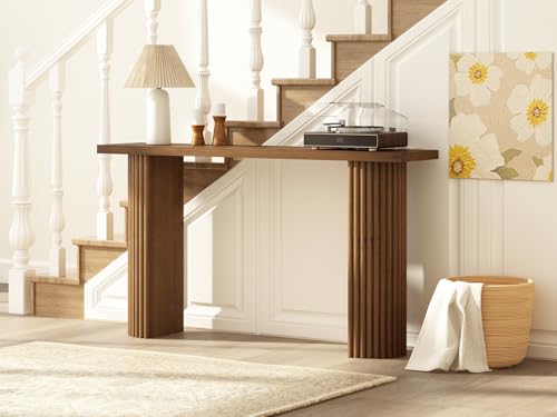 Image of Fluted Solid Wood Console Table - 55 Inches Mid Century Modern Foyer Table, Entryway Hallway Minimalist Sofa Table, Half Round Legs