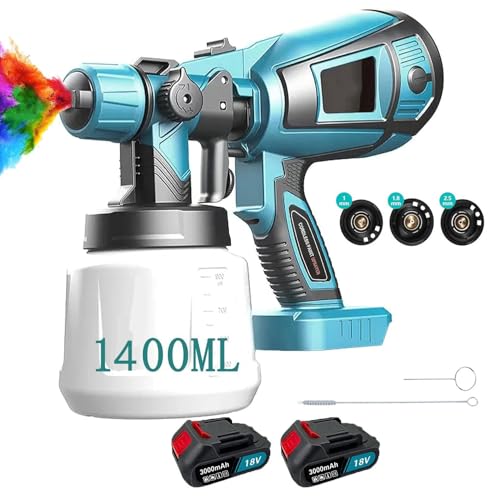 Akku Farbsprühsystem, Farbspritzgeräte mit 2X 3000mAh Akkus, Elektro Lackierpistole mit 1000ML Behälter, Zaun Farbspritzpistole für Möbel, Farbpistole für Wandfarbe für Möbel, Wand, Türen, Zaun