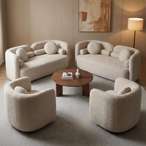 Image of 4-Piece Boucle Sofa Set for Living Room, Modern Curved Loveseat Sofa Set with 2 Loveseats & 2 Accent Chairs, Deep Seat Solid Wood Frame, No Assembly, Beige