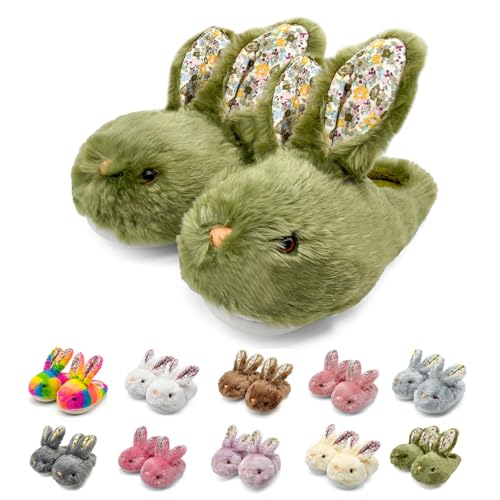Sutexle Womens Fluffy Rabbit Slippers with Floral Ears Plush Bunny Bedroom House Shoes Plus Size Adult Cotton Cute Indoor Winter Non Slip Animal Slipper for Men Girls Youth