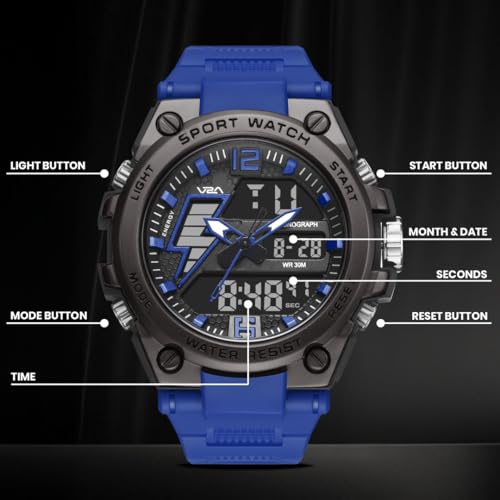 Image of V2A Stryke 45mm Analog Digital Sports Watch for Men | Hybrid Layered Dial | Alarm Stopwatch Backlight Day Date | TPU Strap | 30M Water Resistant | Gift for Mens