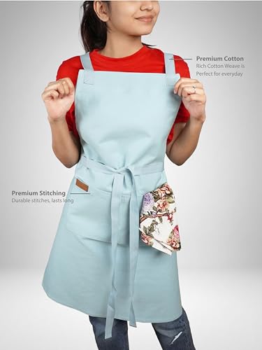 Image of Kitchen Apron - 100% Cotton, Adjustable Neck strap, Large Pocket - Unisex Apron for Men & Women - Cooking, Baking, BBQ, Gardening - Solid Colours, Striped and Checkered Patterns