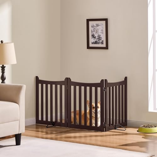 Image of Yaheetech Freestanding Wooden Dog Gate, 3-Panel 24in H Pet Barrier Espresso