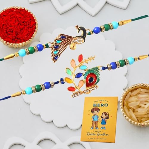 Image of Great Art Raksha Bandhan Rakhi Set with Roli Chawal or Fridge Magnet Card for Brother | Designer Beaded Rakhi Combo Pack-FM116