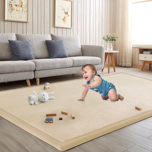 Image of Baby Play Mat for Floor Nursery Rug Muscle Mat Area Rug Playroom Rug 39 inchx59 inch Playpen Mat Elastic Foam 1.3 inch Thick Crawling Mat for Babies,Toddlers, Infants, Kids,A Beige