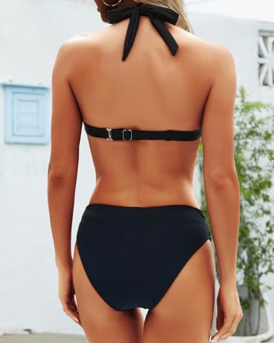 Yonique Women Two Piece Bathing Suits Push Up Bikini Set Halter Swimsuit Vintage Swimwear2