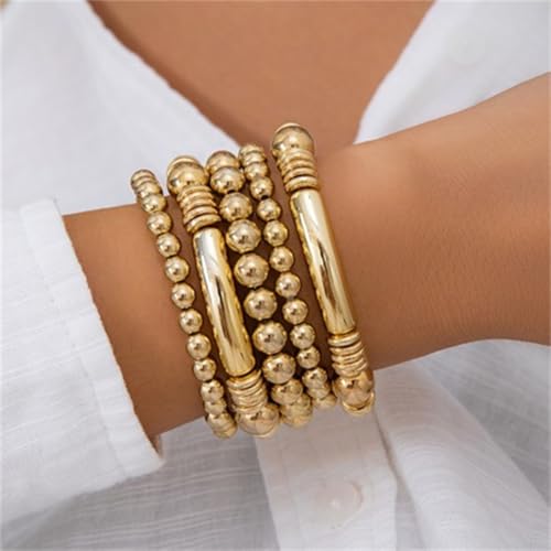 5Pcs Gold Bead Bracelets Set for Women,14K Gold Plated Stackable Bead Ball Bracelets Set,Adjustable Chunky Bangles Bracelets,Boho Stretch Bead Ball Bracelet for Women4