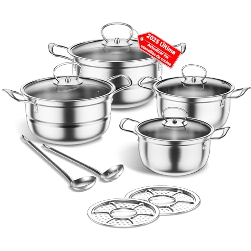 Juego de utensilios de cocina de acero inoxidable, 12 piezas de utensilios de cocina de inducción, vaporera y cuchara, apto para inducción, con vidrio, sin revestimiento (plata)