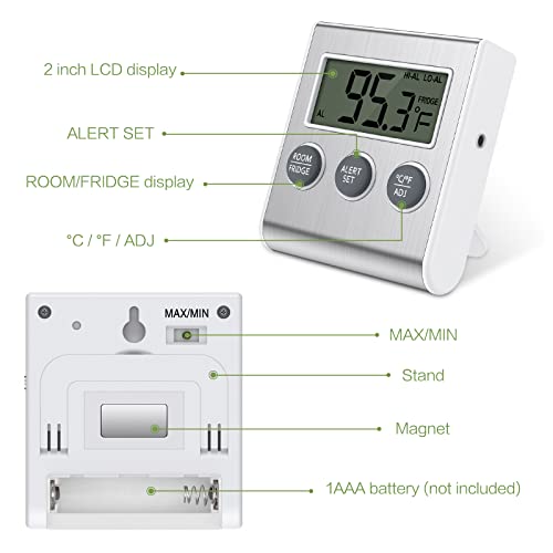 KeeKit Refrigerator Thermometer, Digital Fridge Thermometer, Freezer Thermometer with High & Low Temperature Alarm, LCD Display, Magnetic for for Restaurants, Kitchen, Home