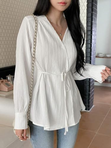 Image of Leriya Fashion Women's V-Neck Pleated Tunic Top - Long Sleeve Drawstring Waist Summer Blouse, Lightweight Casual Shirt for Office, Travel, Daily