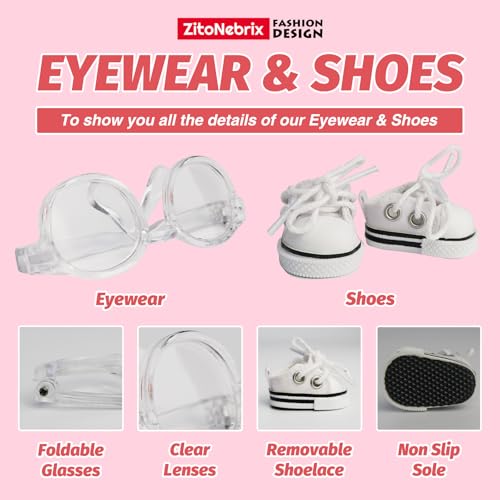 cloth for 15cm  17cm doll5-piece handcrafted crochet clothes outfitno doll - light pink clothes  light pink bear-shaped velvet hat  glasses  shoulder bag  white canvas shoes