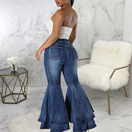 Conshvi Women's High Waisted Bell Bottom Jeans Layered Ruffle Patchwork Wide Leg Flare Denim Pants2