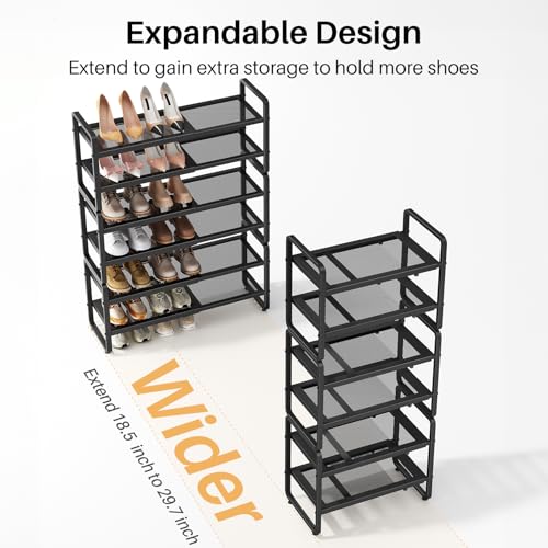 Image of SNTD Shoe Rack - Expandable Shoe Organizer for Closet, Adjustable Metal Shoe Shelf Storage, Stackable Long Shoe Stand Holder for Garage, Entryway, Door Entrance (Black, 6-Tier)