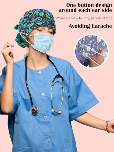 Image of 6 Pc Satin Lined Scrub Caps Women with Buttons Ponytail