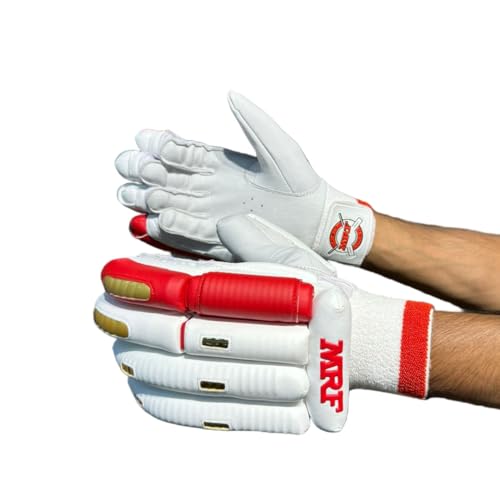 Image of M*R*F Leather Plam Cricket Batting Gloves Geni*us Prince, Shubman Gill Edition White Red Gold, Leather, Professional Protection | Club Play | Tournament | Matches | (White /Red /Gold, Mens RH, Right)