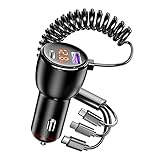 Phmnkl Super Fast Car Charger Type C, 66W+65W+20W QC3.0&PD3.0 5 Port Built-in 4FT Cable USB C Car Charger Fast Charging for iPhone 14/13/12/Google/Pixel/Motorola/LG Android Phones