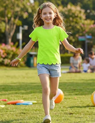 Image of Noomelfish Girls Short Sleeve Scalloped Edge T-Shirts Casual Cute Summer Tee Tops Blouse (5-12 Years)