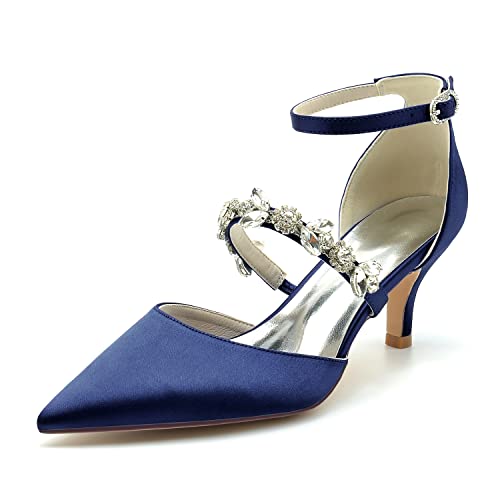 Womens Crystal Pumps Low Kitten Heel Satin Ankle Strap High Heels Pointed Toe Wedding Pumps Party Dress Shoes
