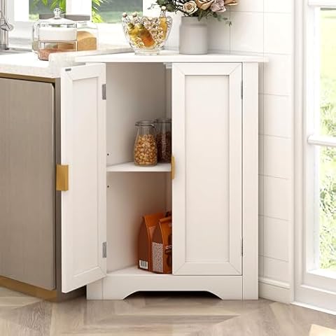 TaoHFE White Corner Cabinet with Doors Bathroom Corner Cabinet Adjustable Shelf Wooden Corner Bathroom Storage Cabinet Corner Dresser Bathroom Cabinets Freestanding for Living Room Kitchen Cabinets Cover