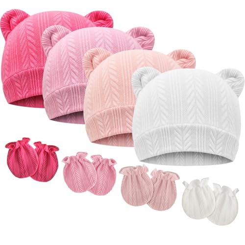 Image of BQUBO Newborn Baby Hats Bear Ears and Mittens Sets Preemie Caps Baby Boy Girl Infant Hospital Beanie for 0-3 Months