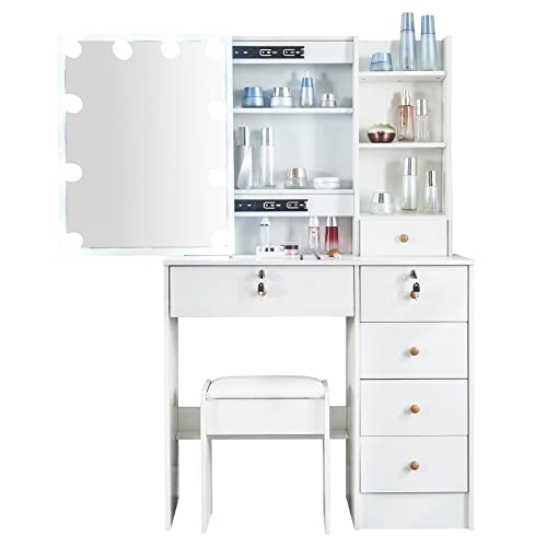 Xinhonglei Vanity Desk with Lights, Makeup Vanity with Mirror and 10 LED Bulbs, Dressing Table with 5 Drawers, Vanity Table Set with Cushioned Stool for Kids Girls Bedroom