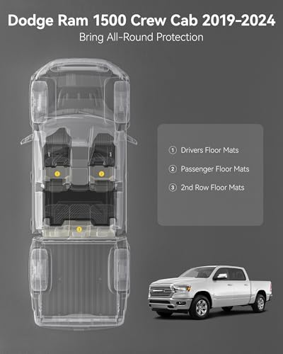 Image of 3W Floor Mats Fit for 2019-2024 Dodge Ram 1500 Crew Cab New Body (NOT Classic Models) Without Storage, TPE All Weather Custom Fit Floor Liner for Ram 1500, 1st and 2nd Row Full Set Car Mats