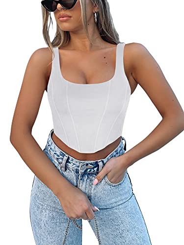 REORIA Women's Summer Sexy Square Neck Sleeveless Trendy Night Club Cropped Tank Top Cute Going Out Bustier Corset Crop Tops White 2X-Large - Image 3