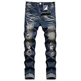 Mens Jeans Skinny Stretch, High Rise Colored Jeans Expandable Waist 4 Seasons Mens Ripped Skinny Slim Fit Destroyed Jeans Stretchy Distressed Denim Pants