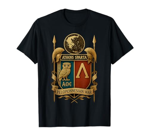 Escudo de la Guerra del Peloponeso Atenas Esparta Búho Lambda Crest Camiseta
