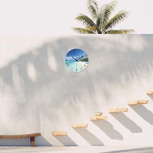 Image of XFM Beach Coastal Wall Clock 16 Inch Blue Seascape | Battery Operated Tropical Modern Glass Decorative for Living Room Bedroom Kitchen Office Silent Non Ticking