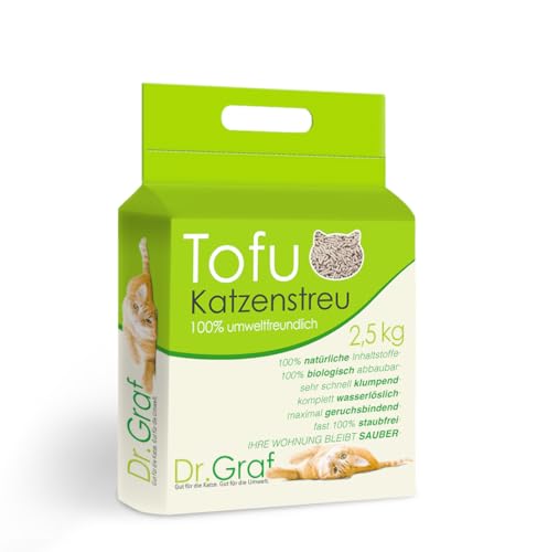 Dr. Graf Tofu Arena para gatos, 100% natural, innovadora arena de grumos, inodora, completamente soluble en agua, biodegradable, sin polvo, extremadamente absorbente y de secado rápido (peso: 2,5 kg)
