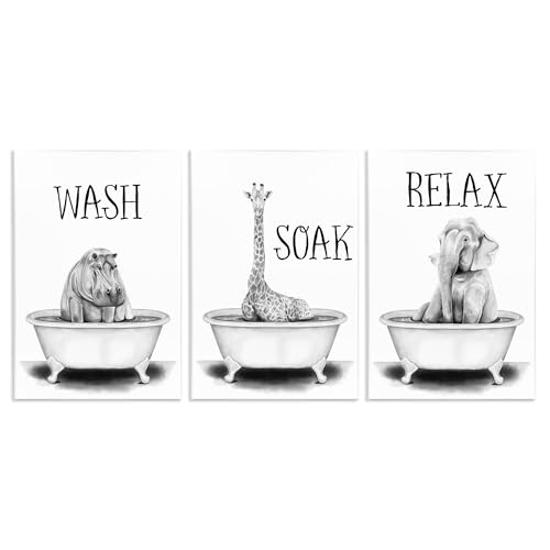 Image of Jungle Animals Bath, 13 x 19 Inch Mounted Print on Wall Plaque Set | Stupell Industries . By Rachel Nieman . Ready to hang . Great for bathroom decor . Made in USA