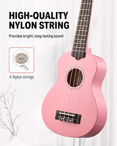 Image of Donner Soprano Ukulele for Beginners 21 Inch Ukelele Starter Bundle Kit with Free Online Lessons Bag Strap String Tuner Picks Cloth Ukalalee Yukalalee (Pink)