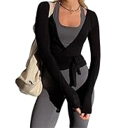 Women's Tie Wrap Top Sexy Deep V Neck Tie Front Long Sleeve Tops Casual Slim Fit Yoga Shirts Work...