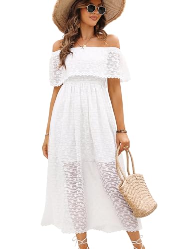 Image of Atnlewhi Womens Vintage Lace Floral Off Shoulder Elegant Swing Dresses A-line Mini Dress for Party Cocktail Wedding