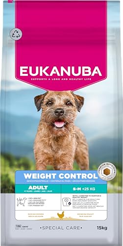 Eukanuba Weight Control Hundefutter mit Huhn für kleine- & mittlere Rassen - Fettarmes Special Care Trockenfutter zum Gewichtserhalt oder zur Diät bei Übergewicht, 15 kg
