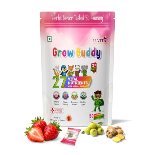 Image of U-VITA Grow Buddy Multivitamin Gummies for Kids (2+ Years) | No Added Sugar | 27 Essential Vitamins, Minerals & Pure herbal extracts | Made in India and Formulated in the UK |60 Gummies, Strawberry