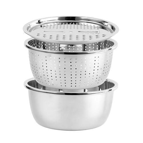 COOK WITH COLOR Stainless Steel Mixing Bowls Set - Nesting Bowls with Non-Slip Bottom and Easy-Grip Handles, Silver, 3 Pieces