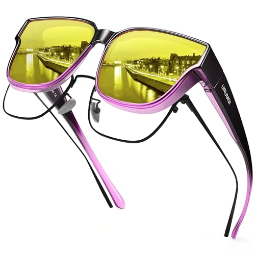 URUMQI Night Vision Glasses Fit Over Eyeglasses for Women, Anti Glare Polarized NightTime Glasses Oversized Yellow Lens