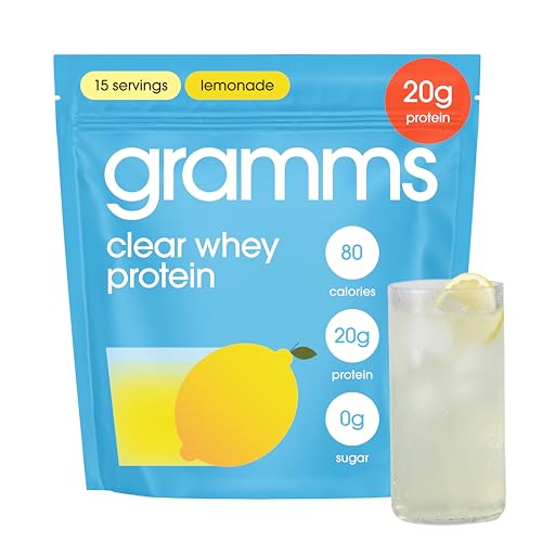 Image of GRAMMS Clear Protein Powder | 20G Whey Isolate | No Lactose | Lemonade | 15 Servings | 3rd Party Tested for Purity, Grass Fed European Whey Protein, No Sucralose, Protein Water Powder (15 Servings)