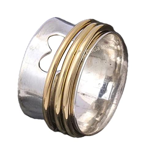 Natural Solid 925 Sterling Silver Heart Cutting Band Spinner Ring,