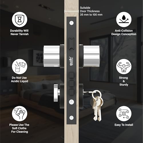 Image of GLOXY Zinc Knob Handle Set for Main Door Mortise Lock Handle for Bedroom, Mortise Door Lock Handle Set with 3 Brass Key for Room, Office | Black Finish (2 Years Warranty, Pack of 1)