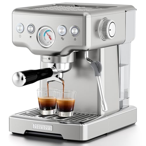 Neretva 15 Bar Espresso Machine with Milk Frother Steam Wand for Cappuccino, Latte, Macchiato, 1450W Professional Coffee Machine 1.8L Removable Water Tank For Home Barista (Silver), Medium, PE3690SU