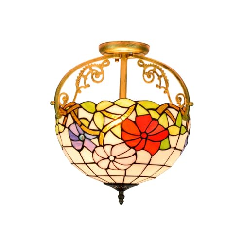 Lámpara de techo estilo Tiffany de montaje semiempotrado, lámpara de vidrieras de 12 pulgadas, lámpara ascendente de petunias tricolor, decoración vintage para sala de estar, comedor, dormitorio,