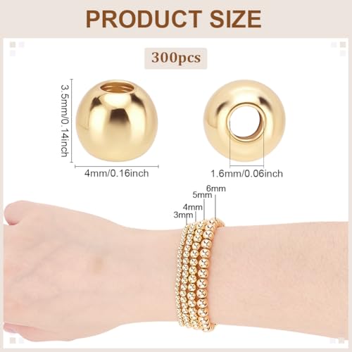 PH PandaHall 300pcs 4mm 14K Gold Plated Beads Mini Round Jewelry Beads Waist Loose Bead Smooth Metal Brass Bead for Friendship Bracelet Bikini Belly Chain Beach Layered Satellite Jewelry Making