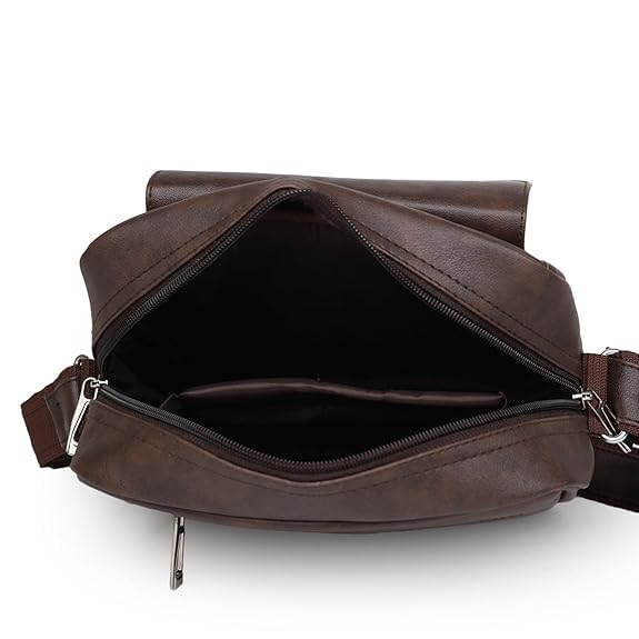 GOLD SKY Men's PU Leather Sling Bag | Cross Body Messenger Travel Office Bag with Adjustable Strap | 4 Zipper Pockets | Fits 10 Inch Tablet (Classic Brown) 4