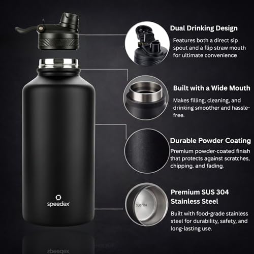 Image of Speedex Vacuum Insulated Stainless Steel Water Bottle 2 Litre (2000ml / 2L / 2 Ltr) with 2-in-1 Lid (Straw & Spout), Hot & Cold Leakproof Thermosteel Travel Flask for Gym & Outdoor (Black)