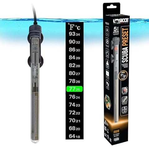 Sicce Scuba 250 Watt Aquarium Fish Tank Heater Preset at 77℉ for Up to 75 Gallons | 250W Submersible for Marine Saltwater and Freshwater | Run Dry Protection Cover