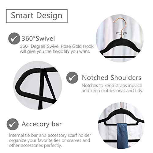 Image of MIZGI Premium Velvet Hangers (Pack of 50) - Heavy Duty Non Slip - Clothes Hangers Black - Copper /Rose Gold Hooks, Space Saving Suit Hangers with Accessory Bar